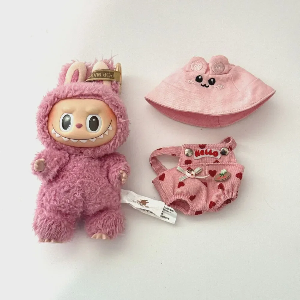 POP MART Labubu The Monsters Pink Plush Doll Kasing w/ Overalls Hat Outfit